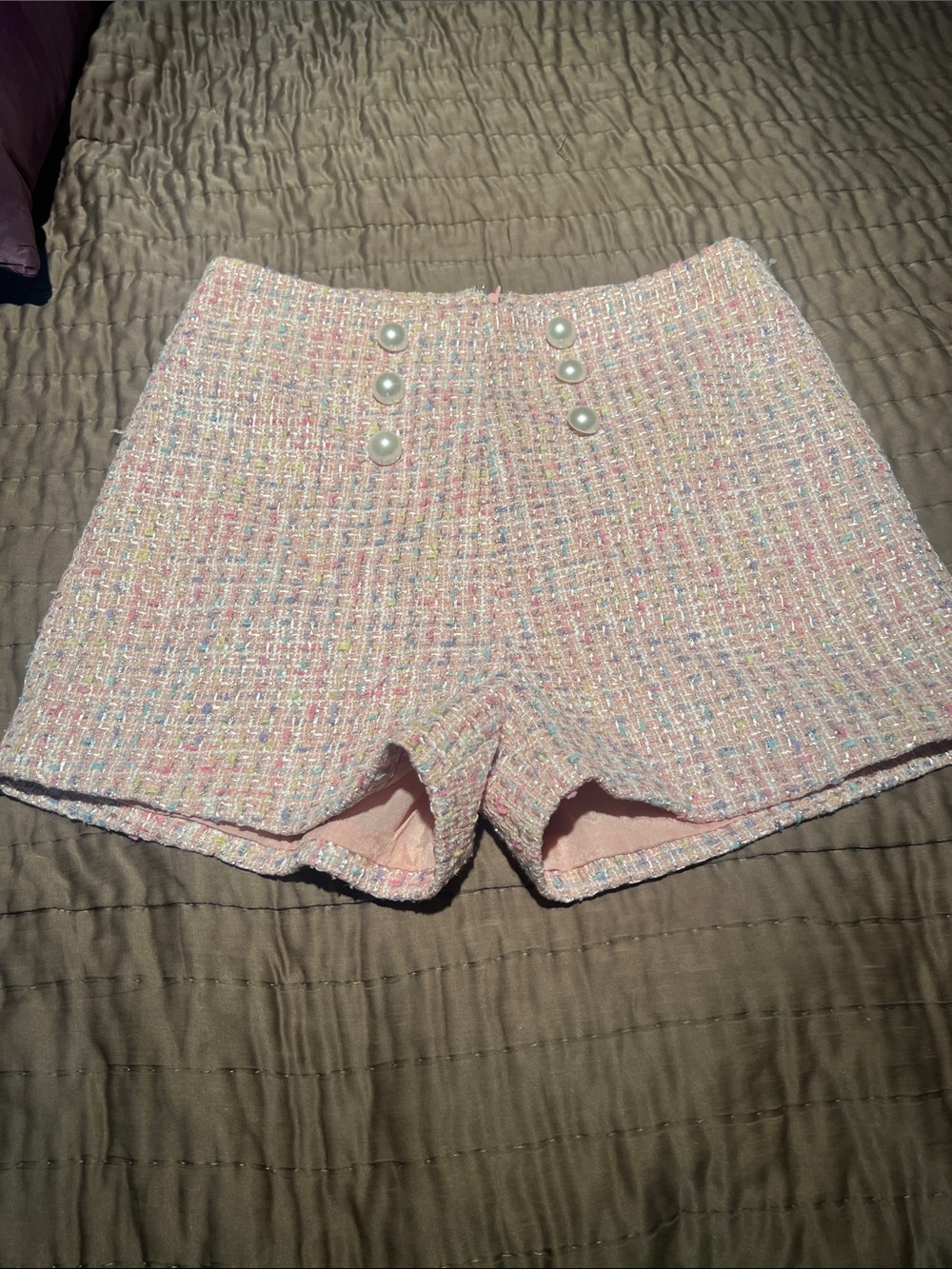Pearl-Button High Waist Tweed Shorts - Pink
